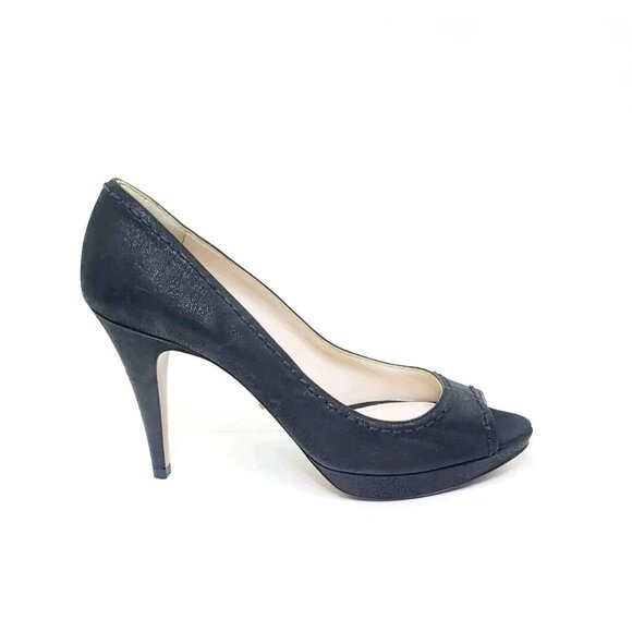 Prada Peep Toe Heel Platform Black Leather Womens US 9.5 - Picture 1 of 8